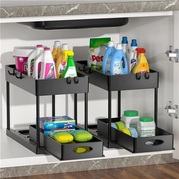 Under Sliding Cabinet Organizer, 2 Tier Under Sink Organizers and Storage Black - Picture 1 of 6